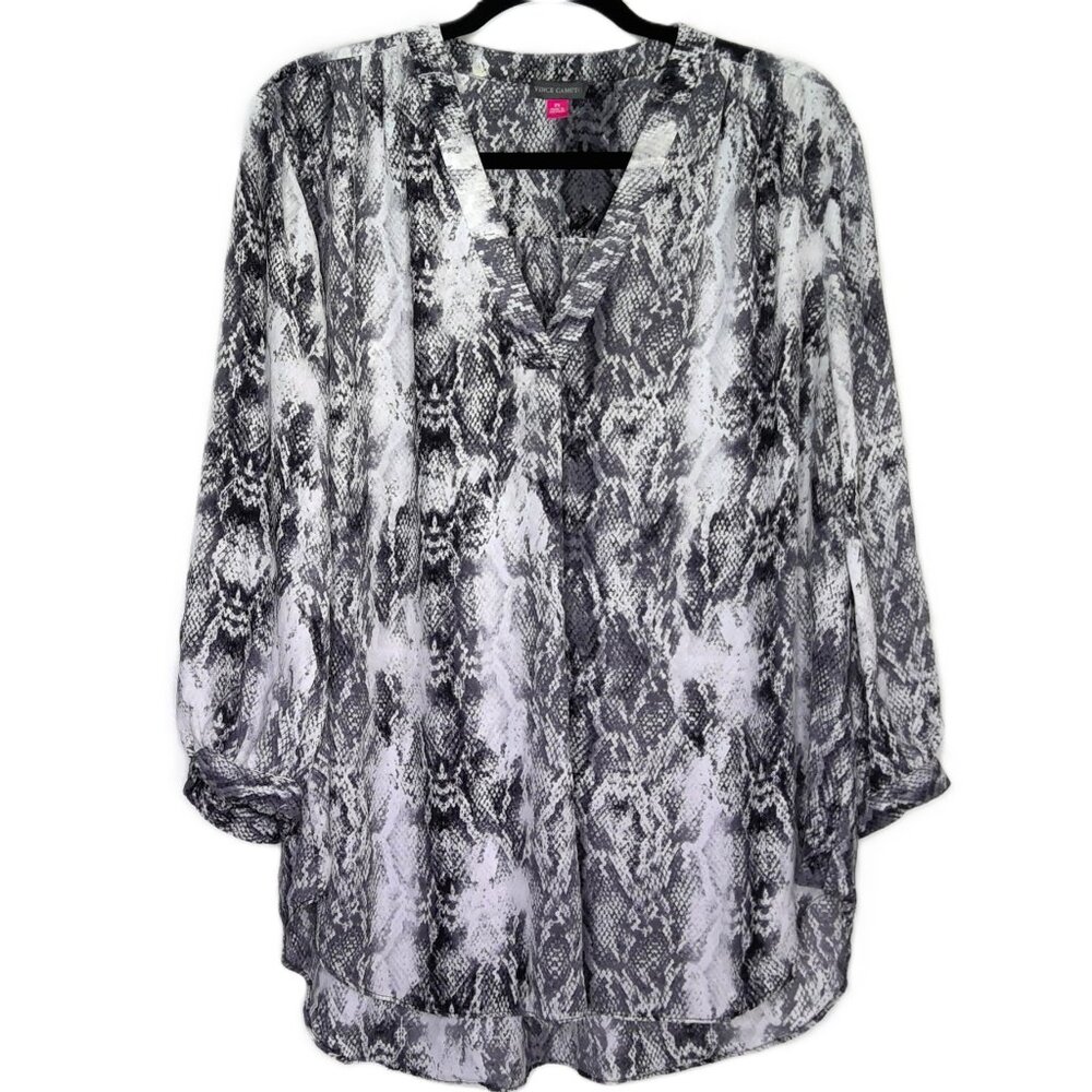 Vince Camuto Top Gray Black & White Snakeskin V-Neck Flowy 3/4 Sleeve Plus Sz 2X